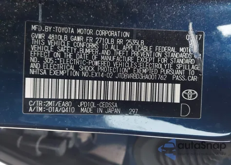 2017 Toyota Mirai z USA, uszkodzony, nr VIN JTDBVRBD3HA001762